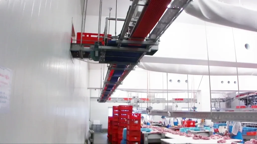 Interior of a meat processing hall with overhead carcass conveyor rail
